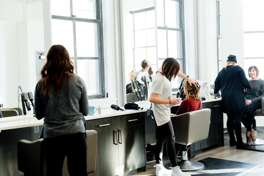 Modern open plan office with people working at desks